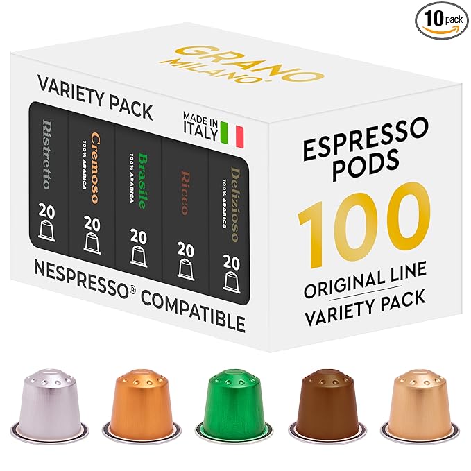 Grano Milano Variety Pack Coffee Capsules - 100 Aluminum Coffee Pods Compatible With Nespresso