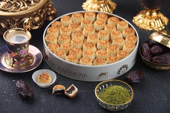 Zaitoune Date Maamoul - 18 oz | Middle Eastern Buttery Date Filled Cookies in a Beautiful Gift Tin