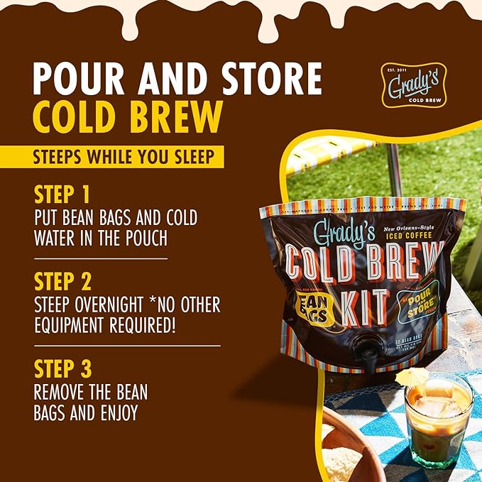 GRADY’S COLD BREW, New Orleans Style, 100% Arabica Ground Coffee & Chicory Pouches, 2 All-in-One