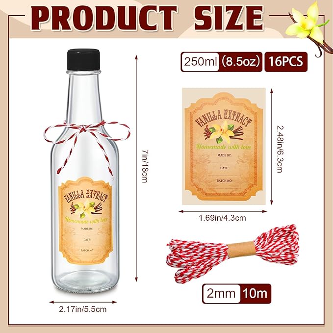 Tioncy 16 Pcs Vanilla Extract Bottles for Homemade Vanilla Jar Glass Bottle with Cap, Shrink Band