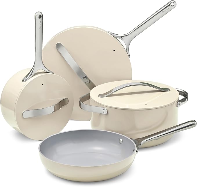 Caraway Nonstick Ceramic Cookware Set (12 Piece) Pots, Pans, Lids and Kitchen Storage - Non Toxic