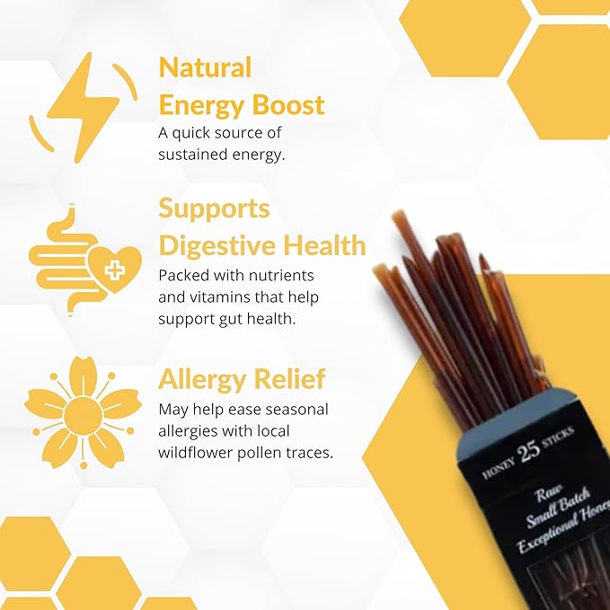 Wildflower Honey Straws, 25 Count - Raw Honey Sticks for Tea and Coffee - Perfect for Iced
