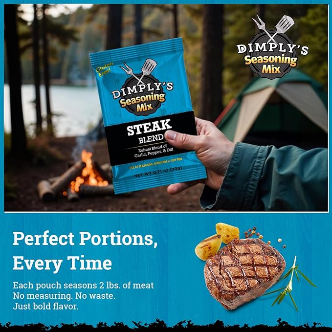 Dimply's Steak Seasoning Mix ??12 Pack, Single Serve Dry Rub and Marinade ??Garlic Pepper Dill