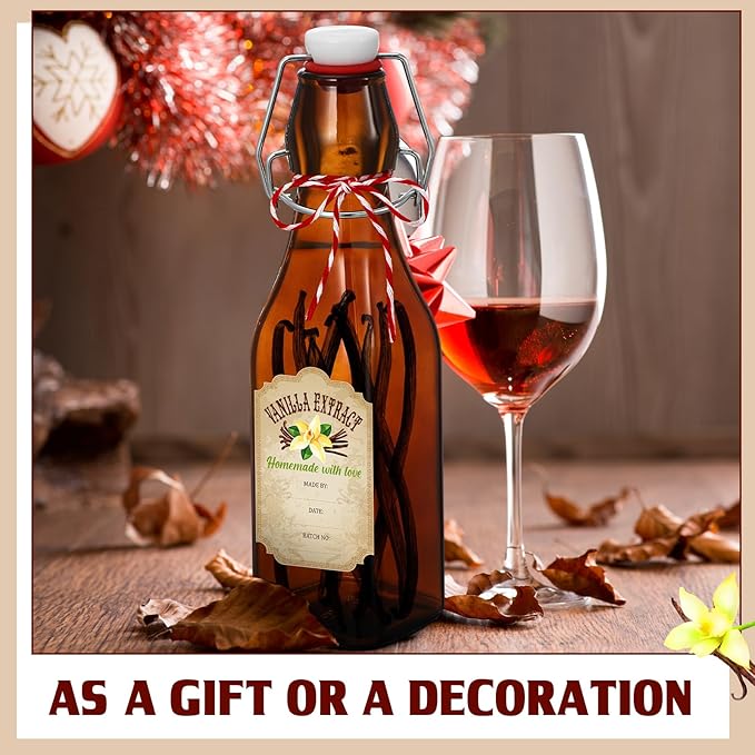 Uiifan 12 Pcs 8 oz Swing Top brown Square Glass Bottles for Vanilla Extract with Caps and Cotton