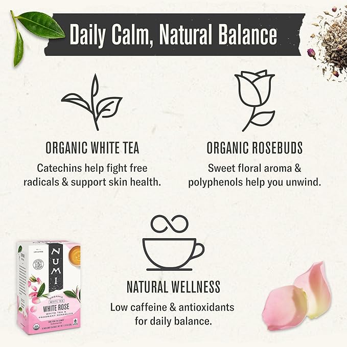 Numi Organic Tea White Rose, 16 Count Box of Tea Bags (Pack of 3) White Tea