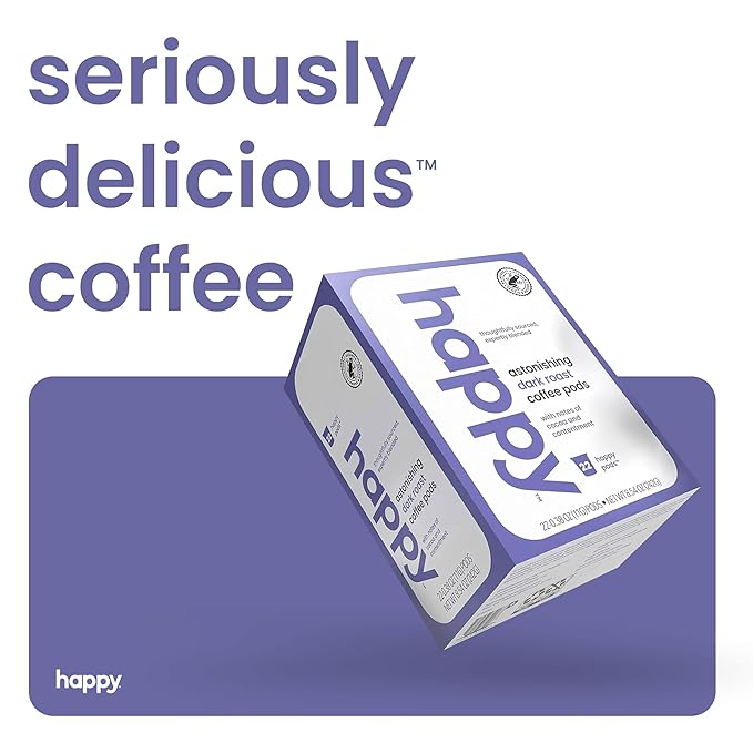 happy coffee dark roast coffee pods, 22 count, notes of cocoa & contentment, compatible with most