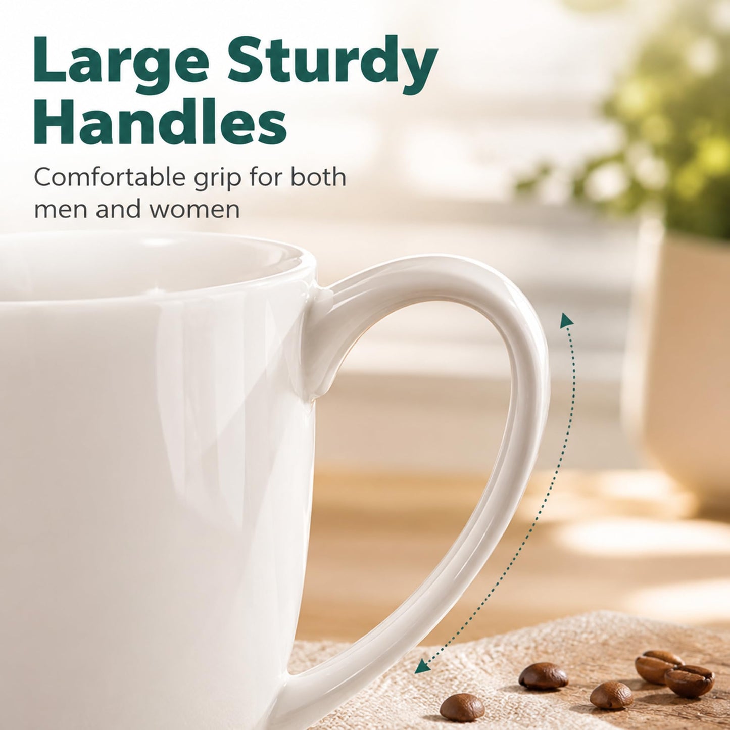 Kurguso White Porcelain Coffee Mugs Set of 6, 13 Ounce Coffee Cups with Handle, Ceramic Tea Mugs
