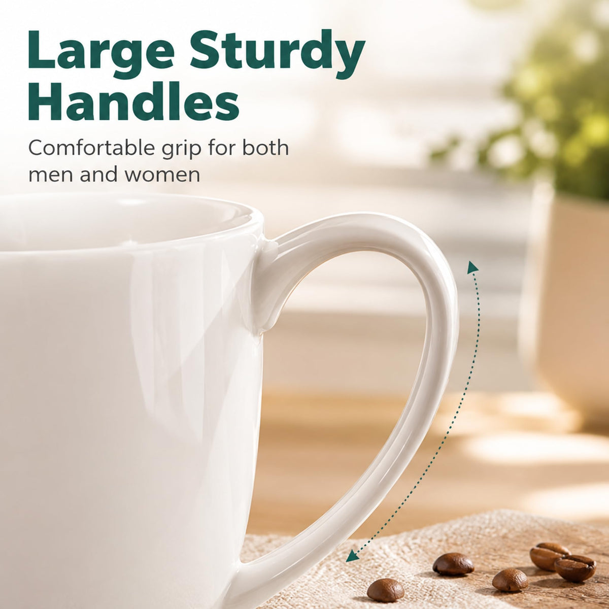 Kurguso White Porcelain Coffee Mugs Set of 6, 13 Ounce Coffee Cups with Handle, Ceramic Tea Mugs