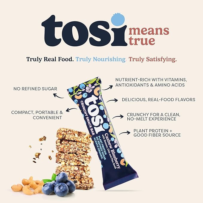 Tosi Cashew Blueberry Protein Bars - Crunchy Nut & Seed Vegan Snack Bars, Gluten Free, 6g Plant
