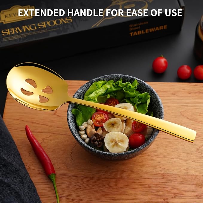 4 Piece Stainless Steel Serving Spoons Set - 2 Large, 2 Slotted, 9.2-Inch, Dishwasher Safe, for