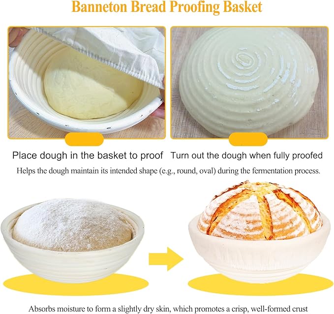 9 & 10 Inch Banneton Bread Proofing Basket Set with Liners,Dough Scraper,Bread Lame & Danish Whisk
