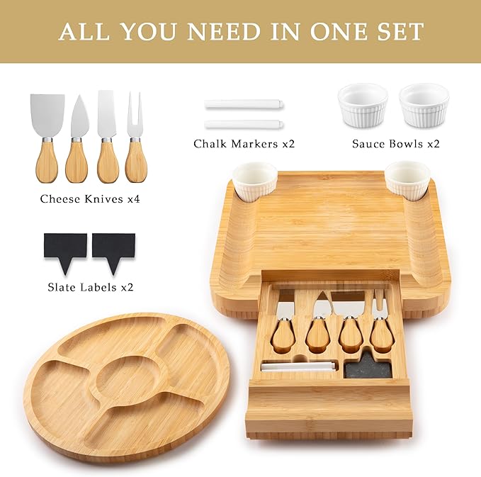 Zulay Kitchen Premium Bamboo Cheese Board Set - Extra Thick Bamboo Charcuterie Board Set with 4