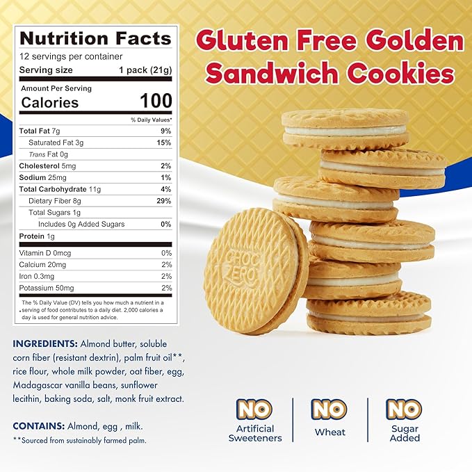 ChocZero Gluten-Free Vanilla Sandwich Cookies with Creme - Low Sugar, Keto Friendly Dunkies (1 Box
