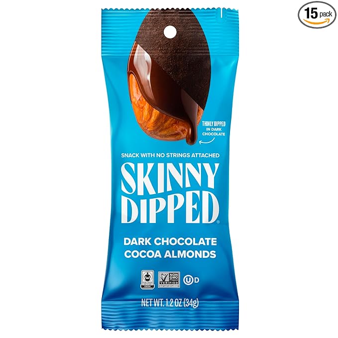 SkinnyDipped Dark Chocolate Cocoa Almonds, Chocolate Covered Almonds, Low Sugar, Gluten Free