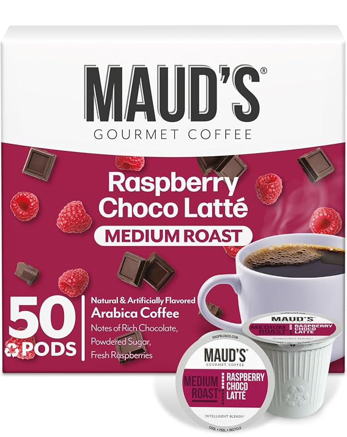 Maud's Raspberry Chocolate Flavored Coffee Pods, 50 ct, Medium Roast Flavored Coffee in Recyclable