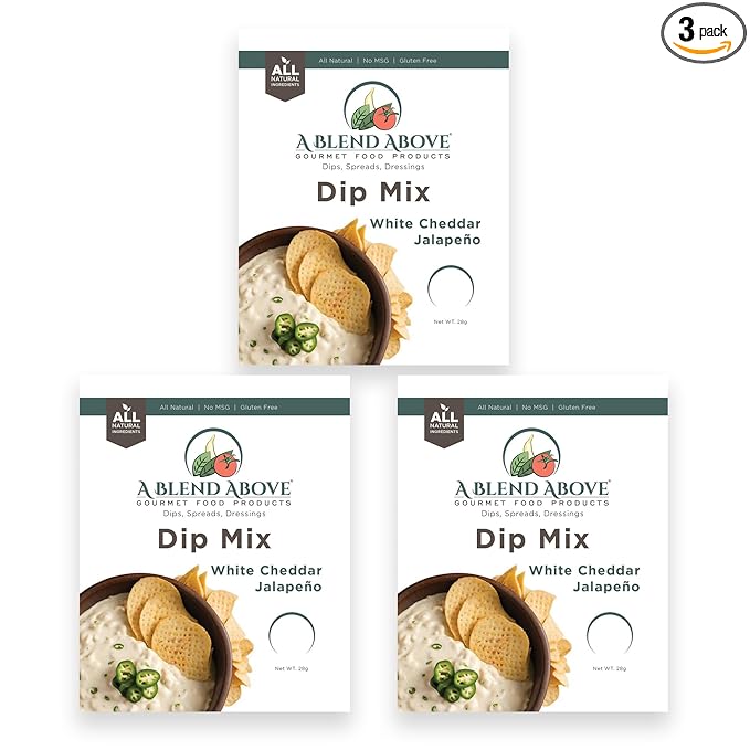 A Blend Above White Cheddar Jalapeno Dip Mix, 3 Packs, 1 oz Each, Makes 16 Ounces, Gluten-Free, No