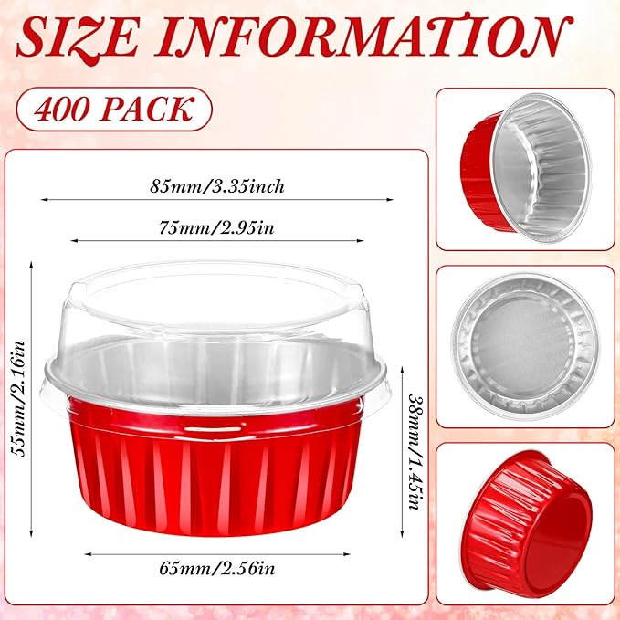 Gejoy 400 Pcs Aluminum Foil Baking Cups with Lids 5 oz Disposable Ramekins Mini Cake Pans Creme