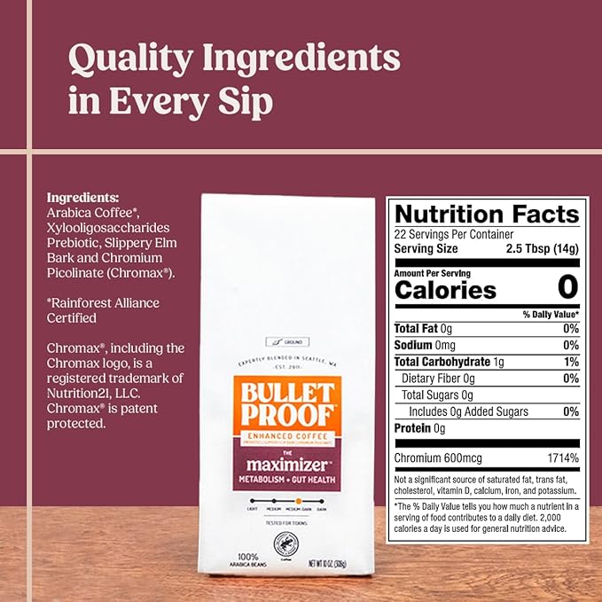 Bulletproof The Maximizer Ground Coffee, 10 Ounces, Clean Coffee with Prebiotics, Metabolism and