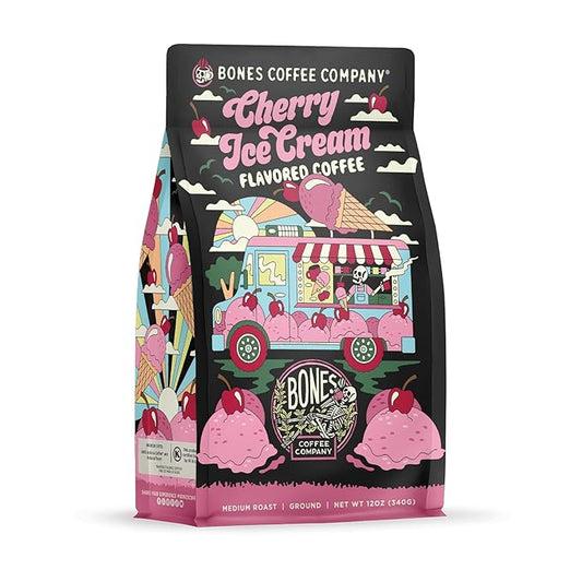 Bones Coffee Company Cherry Ice Cream Flavored Coffee, Medium Roast Low Acid Arabica Beans