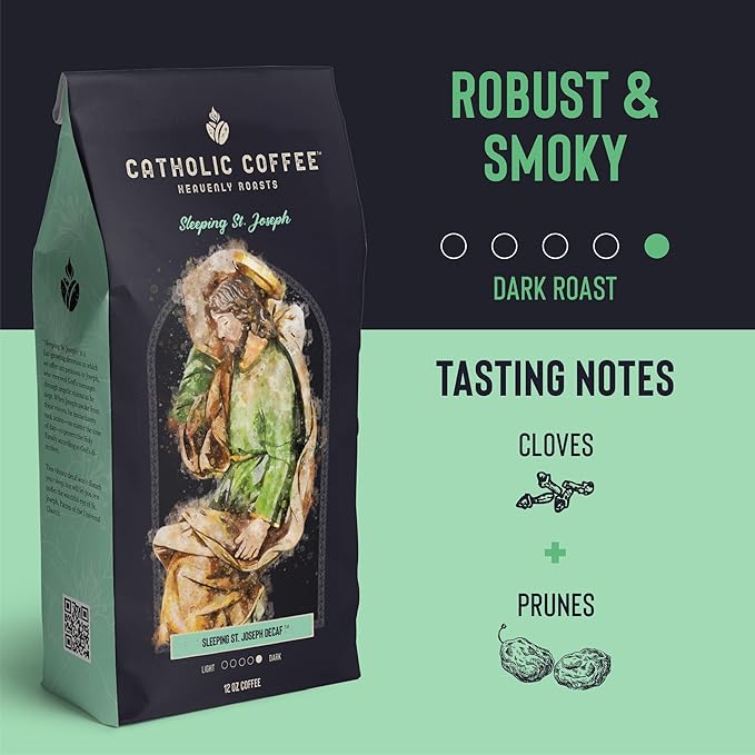 Catholic Coffee Sleeping St. Joseph | Decaf Dark Roast Ground Coffee ??Clove & Prune Notes | 12oz