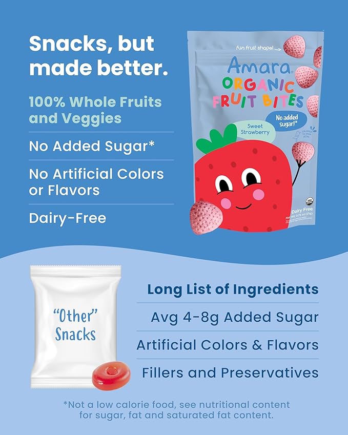 Amara Organic Fruit Bites Sweet Strawberry - No Added Sugar, Dairy-Free, Nut-Free Organic Fruit