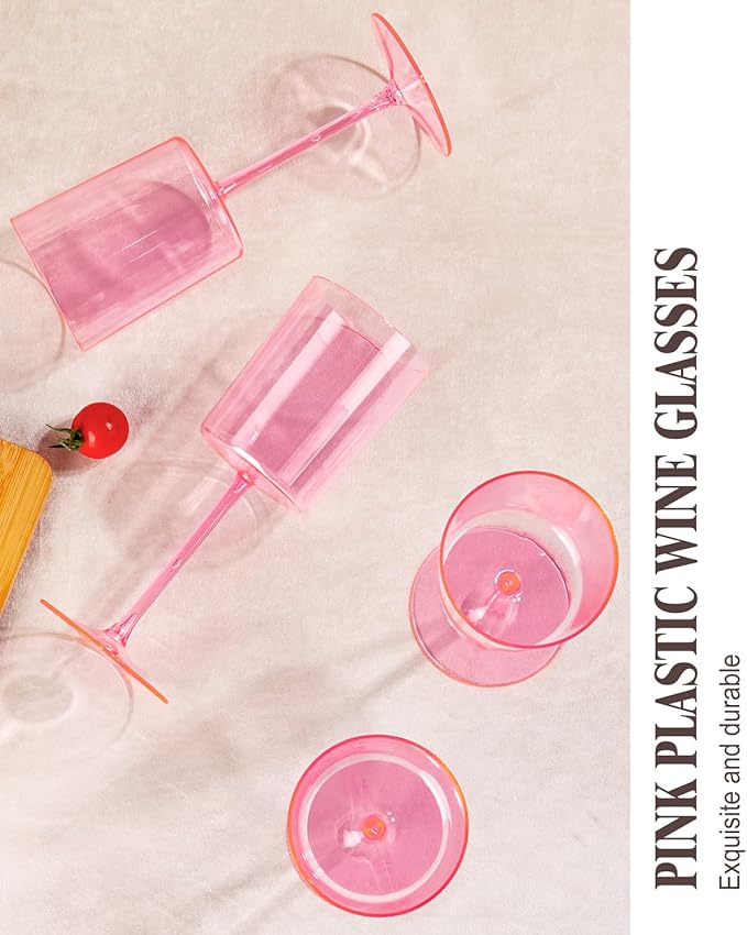 Ciaell 12 Pack Pink Plastic Wine Glasses - 14Oz Plastic Wine Glasses with Stem - Disposable Stemmed