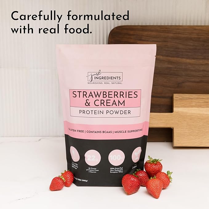 JUST INGREDIENTS Strawberries & Cream Protein Powder ??20-Serving Blend with 100% Grass-Fed Whey &