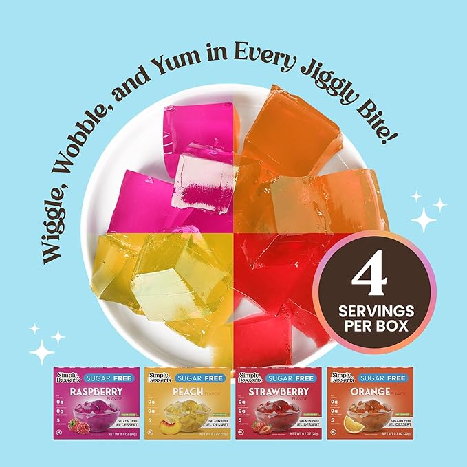 Simply Desserts Sugar-Free Jel Variety 12-Pack (Raspberry, Peach, Orange, Strawberry) - Vegan
