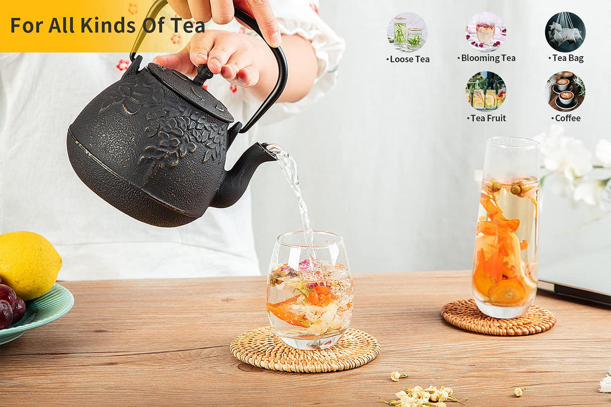 TOPTIER Japanese Cast Iron Tea Kettle with Stainless Steel Infuser, Cast Iron Teapot Stovetop Safe