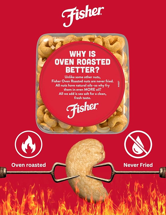 Fisher Oven Roasted Never Fried Whole Cashews, 24 Ounces (Pack of 1), Snacks for Adults, Made With
