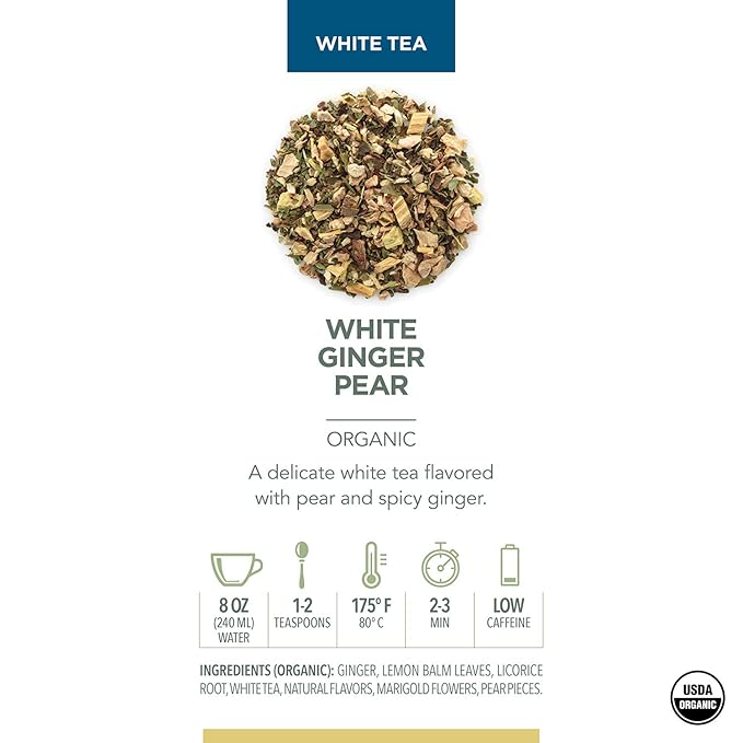 Teabloom Organic White Tea, White Ginger Pear Loose Leaf Tea, Distinctive and Delicate White Tea