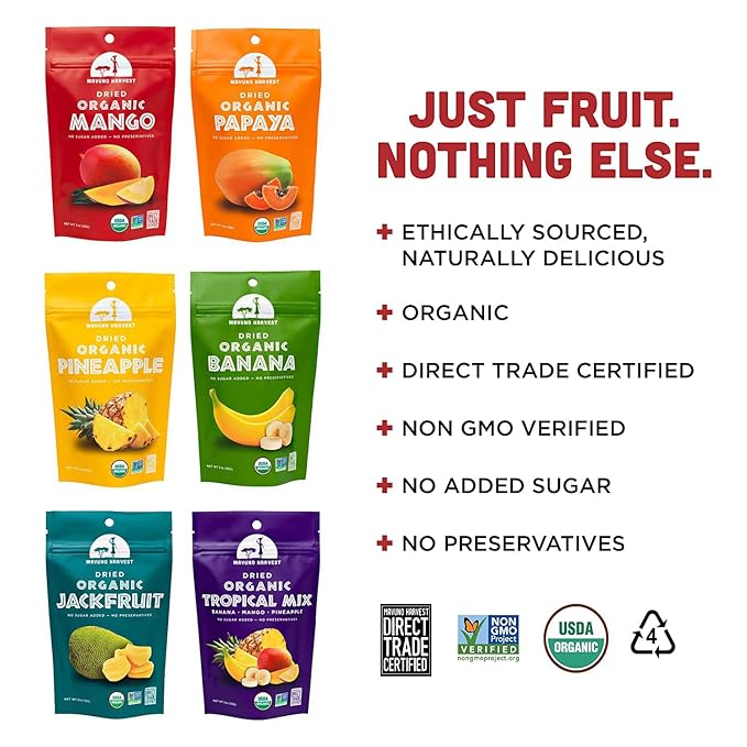 Mavuno Harvest Organic Dried Fruit Variety Pack | Dried Mango, Papaya, Pineapple, Banana