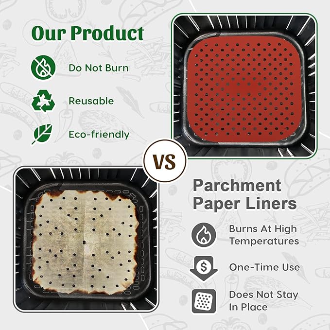Reusable Square Silicone Air Fryer Liners (8.5 Inch, 3 Pack) by Linda’s Essentials - Non-Stick