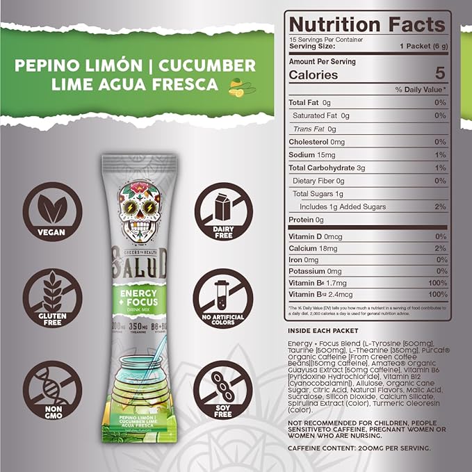 Salud 2-in-1 Energy Drink Powder + Focus, Cucumber Lime, Organic Caffeine, B6 + B12, Theanine