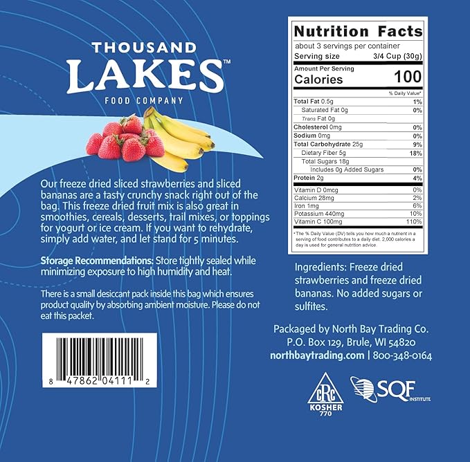 Thousand Lakes Freeze Dried Fruit - Strawberries and Bananas - 3 oz | No Sugar Added | 100% Fruit |