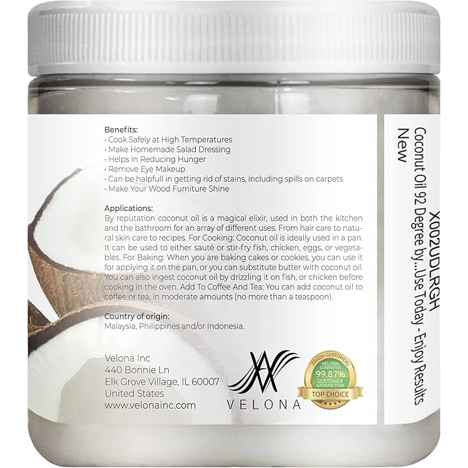 velona Coconut Oil 92 Degree 8 fl oz | 100% Pure and Natural Carrier Oil | in jar | Refined, Cold