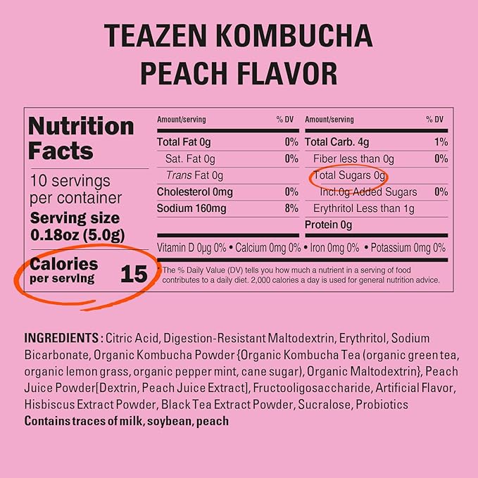 TEAZEN Peach Kombucha Tea, Hydration Drink Mix, Sugar Free, Live Probiotics & Prebiotics, 10
