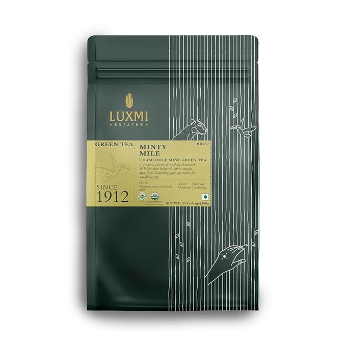 Luxmi Estates Minty Mile Organic Chamomile Mint Green Tea (50 Tea Bags) Low Caffeine Tea Bags For