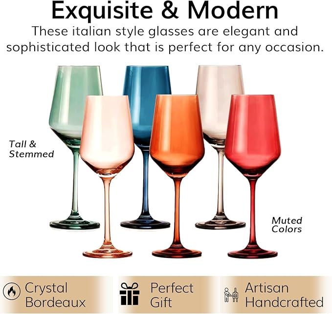 Colored Crystal Wine Glasses - Water & Wine 12oz | Set of 6 | Cute Pastel Muted Crystal Cocktail