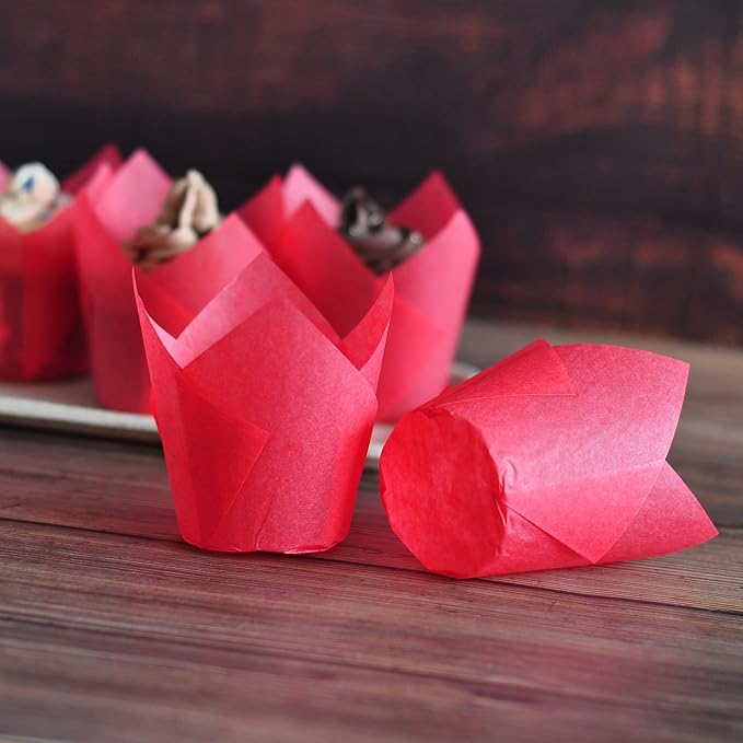 Red colour Large size Tulip Baking Cups 2-1/4"(Base diameter) x 4"(Wall height) Greaseproof paper