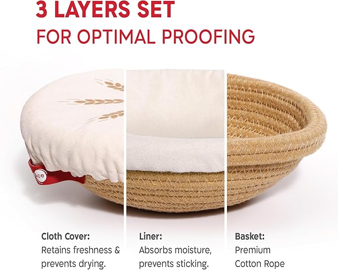 Cotton Rope Banneton Bread Proofing Basket Set, Oval & Round Bread Baskets with Liners & Covers for