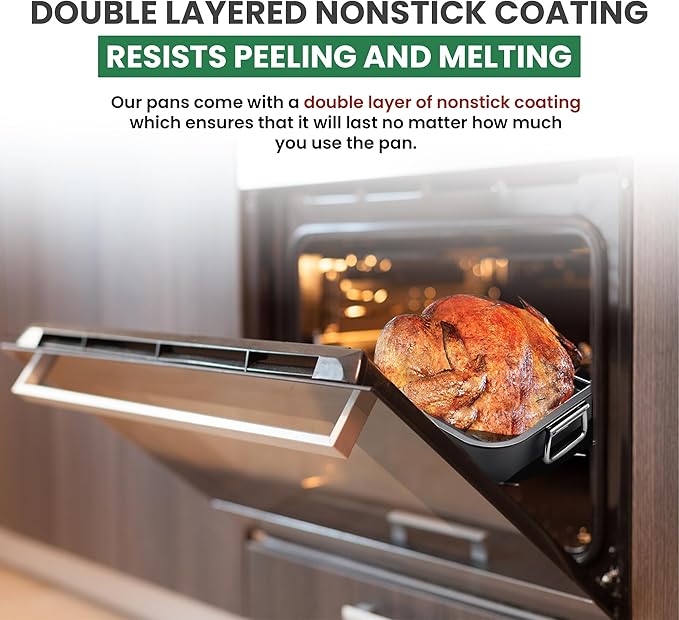 Large Roasting Pan With Rack 12” x 16” - Non Stick Large Roaster Pan and V-Rack With Foldable