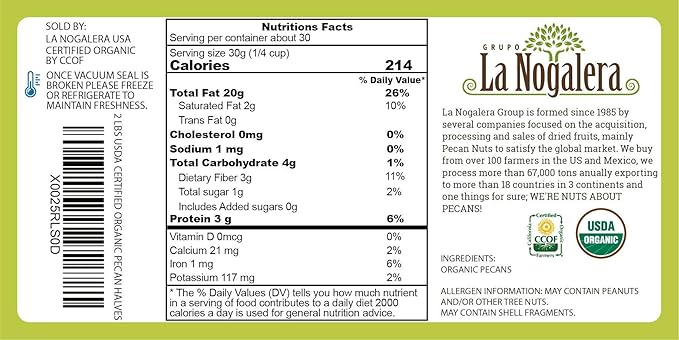 La Nogalera Organic - USDA and CCOF Certified Organic Shelled Pecan Halves in 2 pound bag. Pecan