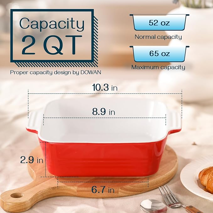 DOWAN 8x8 Baking dish, Square Baking Pan, Ceramic Casserole Dishes for Oven, Cake Pan with Handle