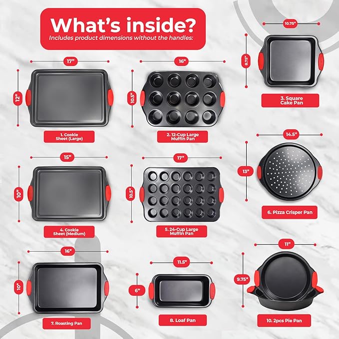 PERLLI Non-Stick 10-Piece Baking Pan Set, BPA-Free Carbon Steel Bakeware Set with Silicone Handles