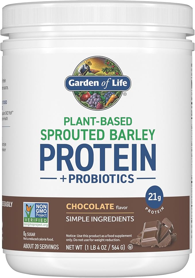 Garden of Life Plant-Based Sprouted Barley Protein, Chocolate with 21g Protein, 0g Sugar & Clean