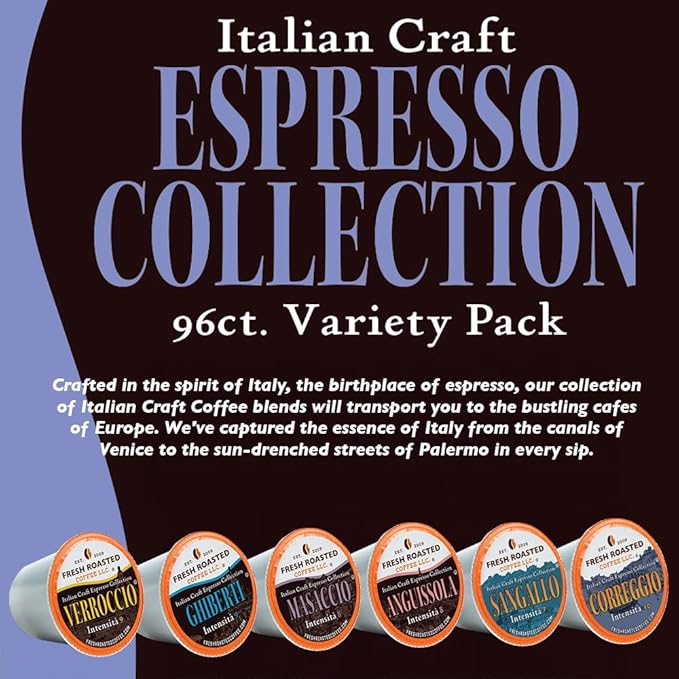 Fresh Roasted Coffee, Italian Craft Coffee Variety Pack, Artisan Blend, Dark Roast, Kosher, 96 Pods