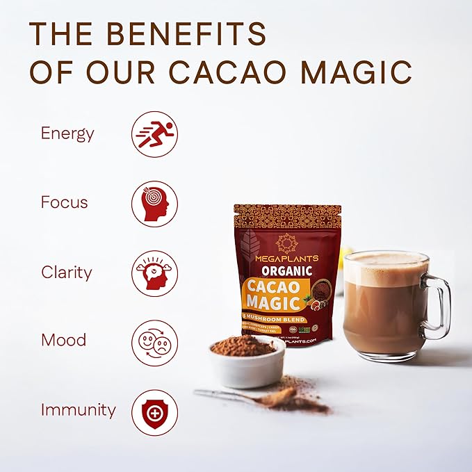 MegaPlants Cacao Magic (50 Servings) | Superfood 5 Mushroom Blend | Lions Mane, Reishi, Chaga
