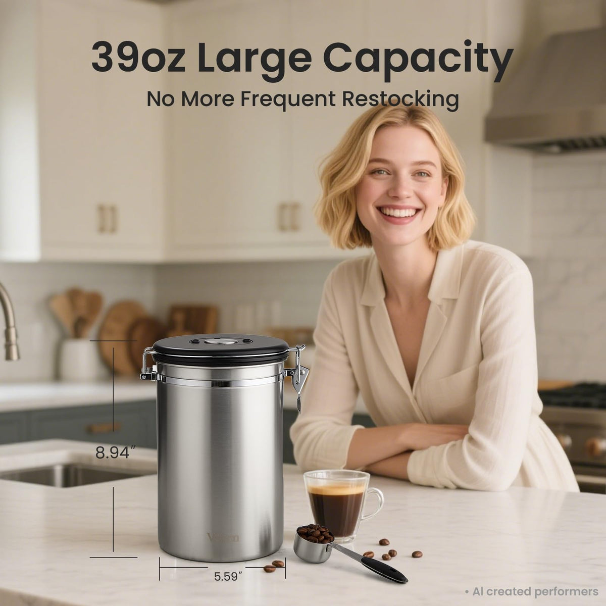Veken Coffee Canister,39OZ, 2.2lbs,Large Airtight Stainless Steel Container