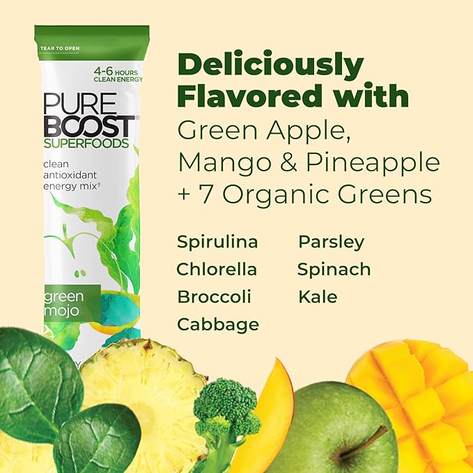 Pureboost Superfoods Clean Energy Booster, Energy Drink Mix Powder with 7 Organic Green Superfoods;